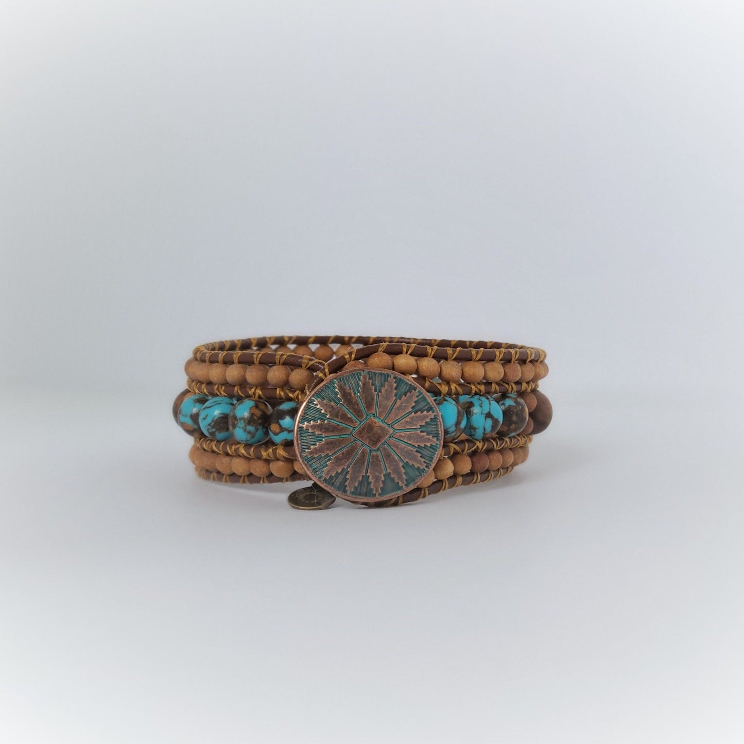 "Remember" | Turquoise Siderolite & Sandalwood Coded Message Leather Cuff Bracelet