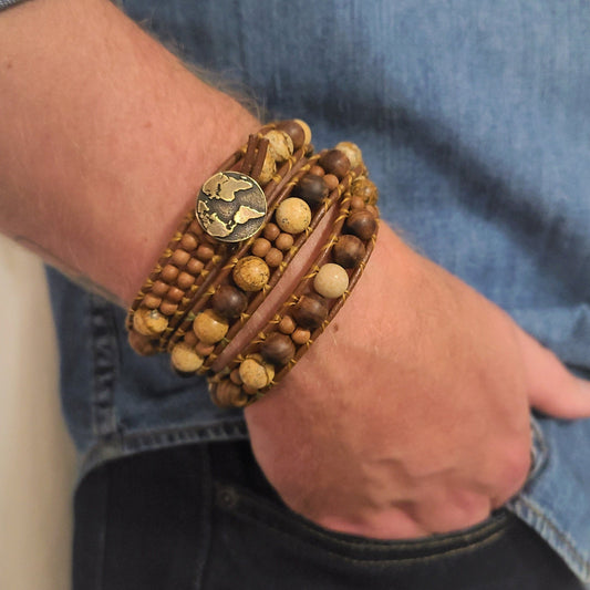 "Not All Who Wander Are Lost" | Jasper & Sandalwood Coded Message Leather Wrap Bracelet