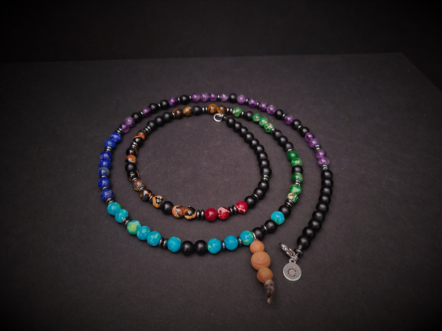 7 Chakras 108 Bead Mala Necklace with Cedar Pendant