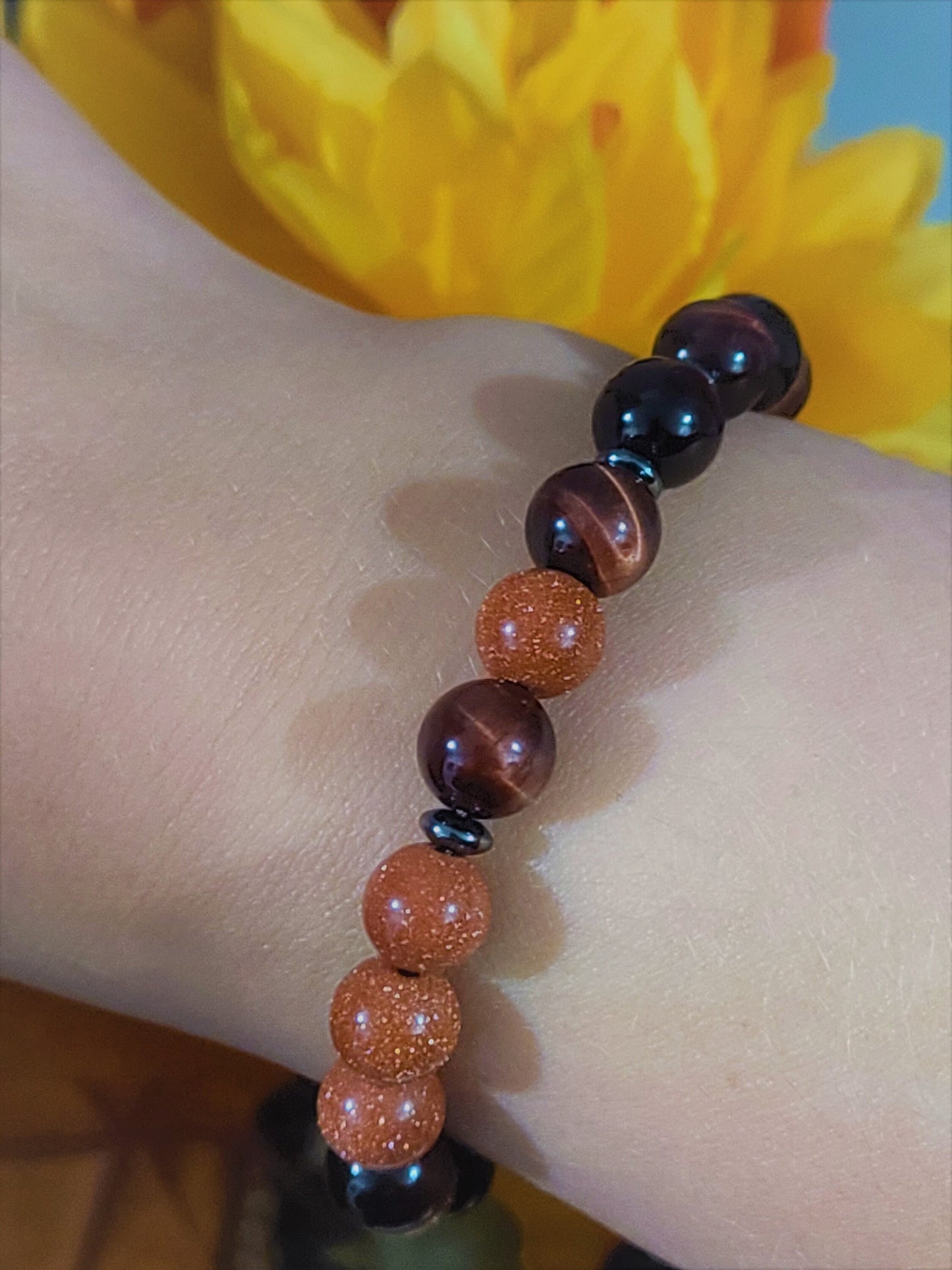 Red Tiger Eye and Sandstone Steel Bracelet