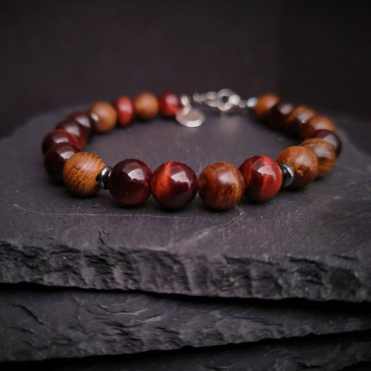 Red Tiger Eye and Sandalwood Steel Bracelet