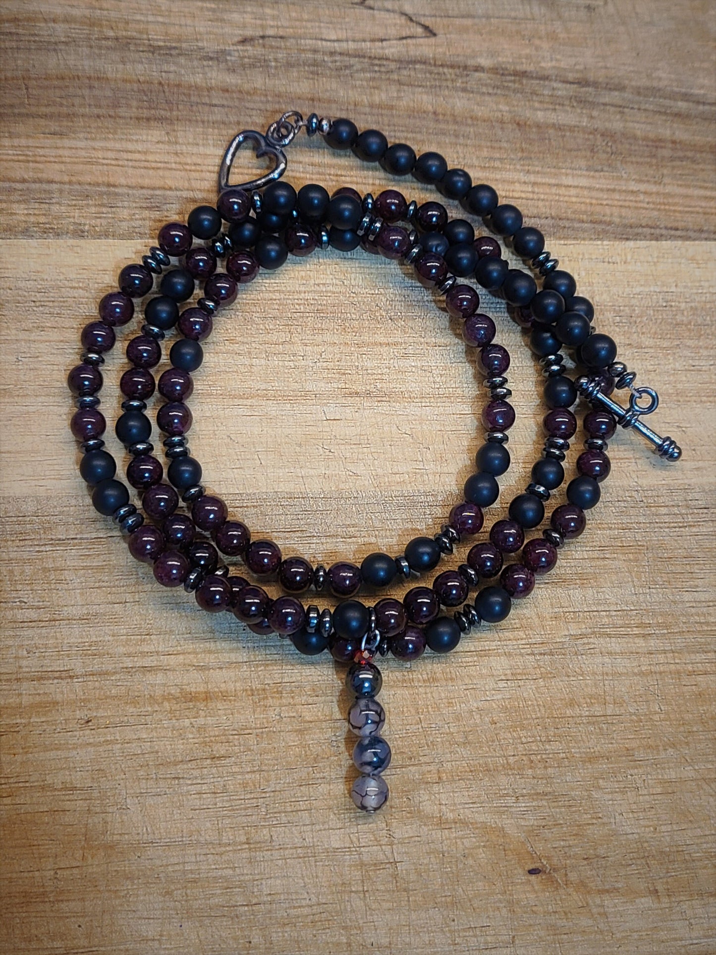 Garnet & Onyx 108 Bead Mala Necklace with Dragon Vein Pendant