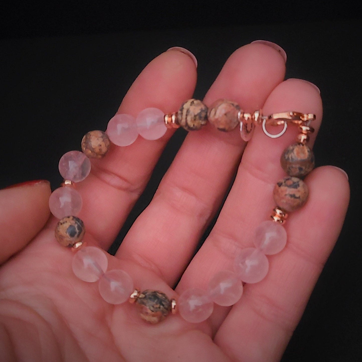 Rose Quartz and Leopard Jasper Steel Bracelet