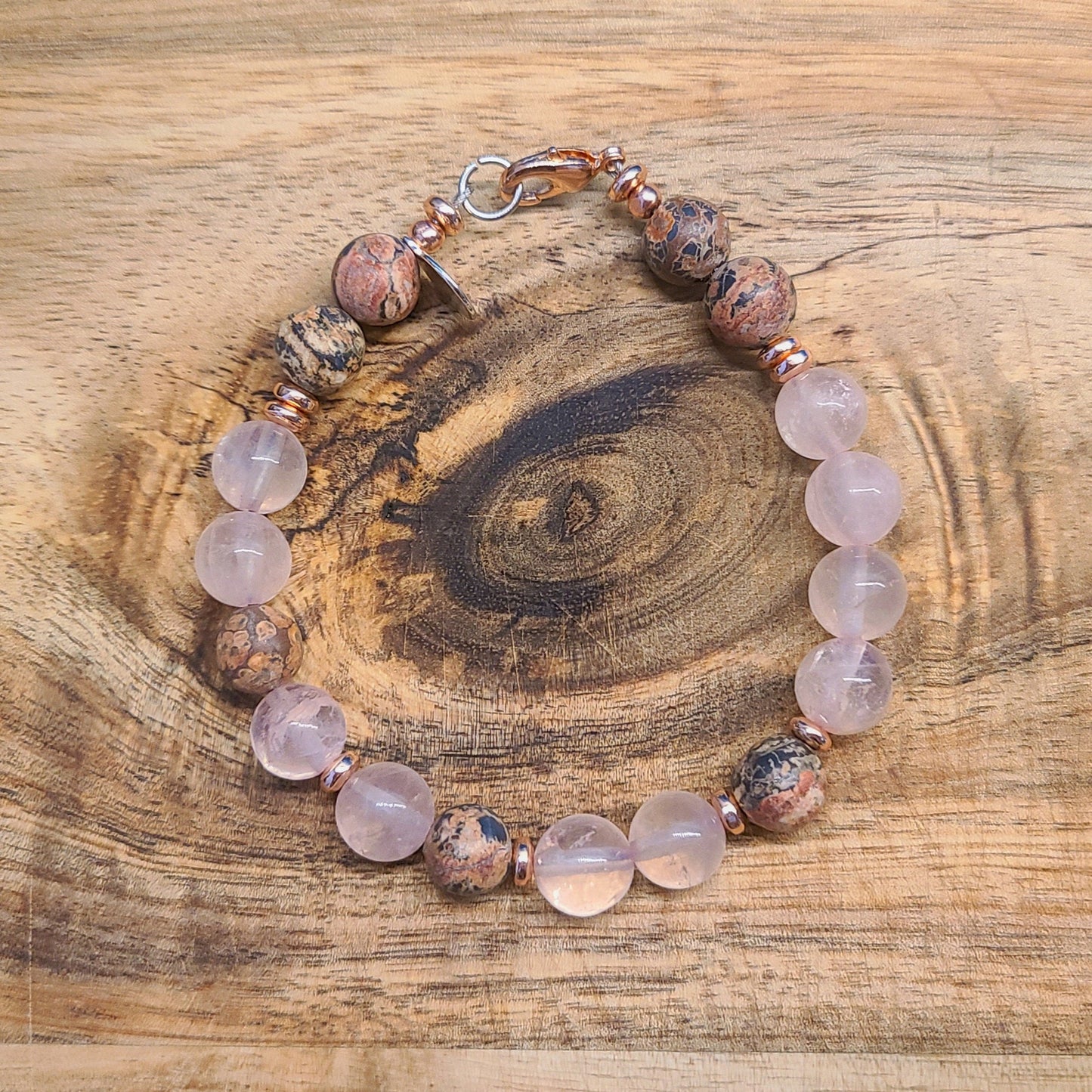 Rose Quartz and Leopard Jasper Steel Bracelet