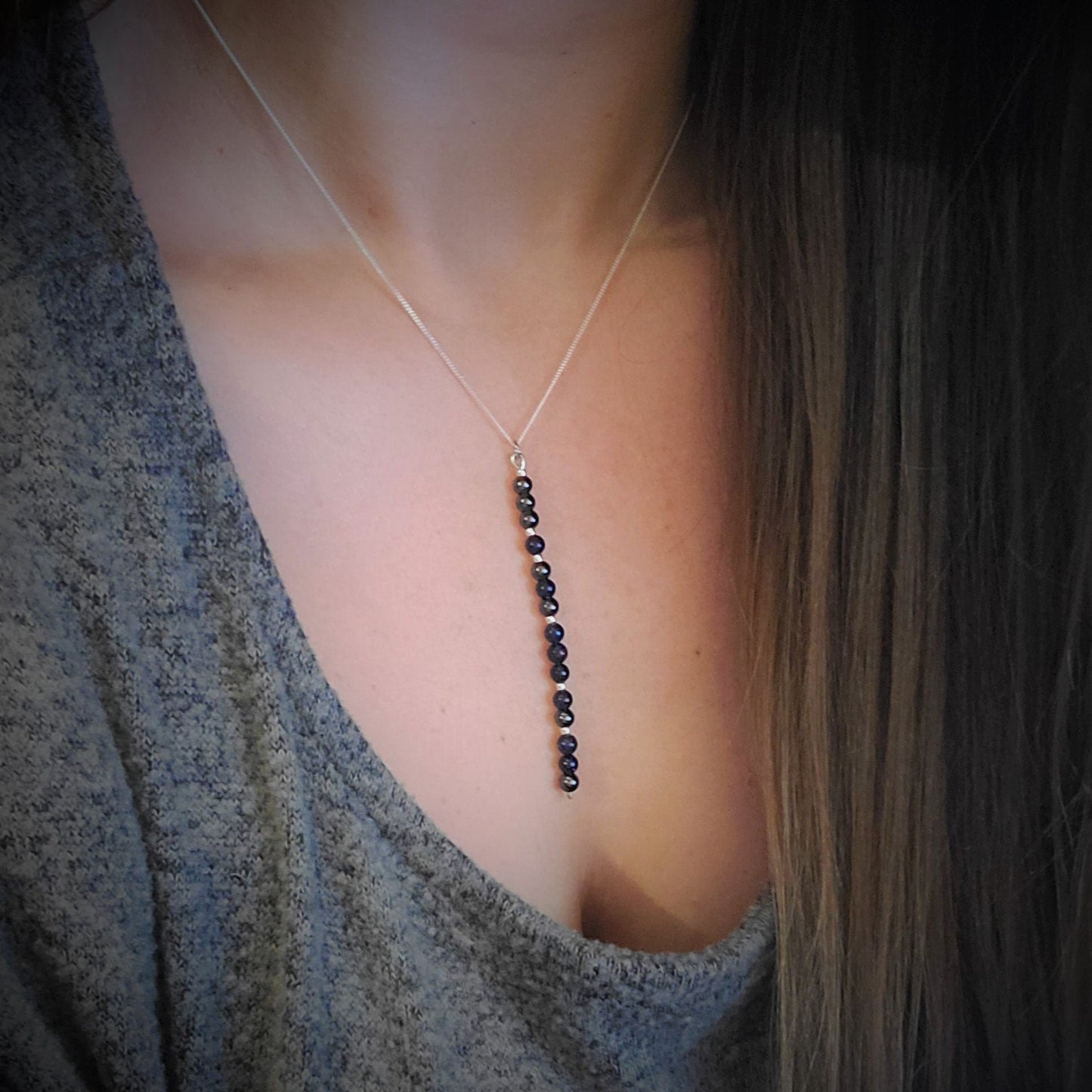 Blue Sandstone & Magnetic Hematite Sterling Silver Icicle Necklace