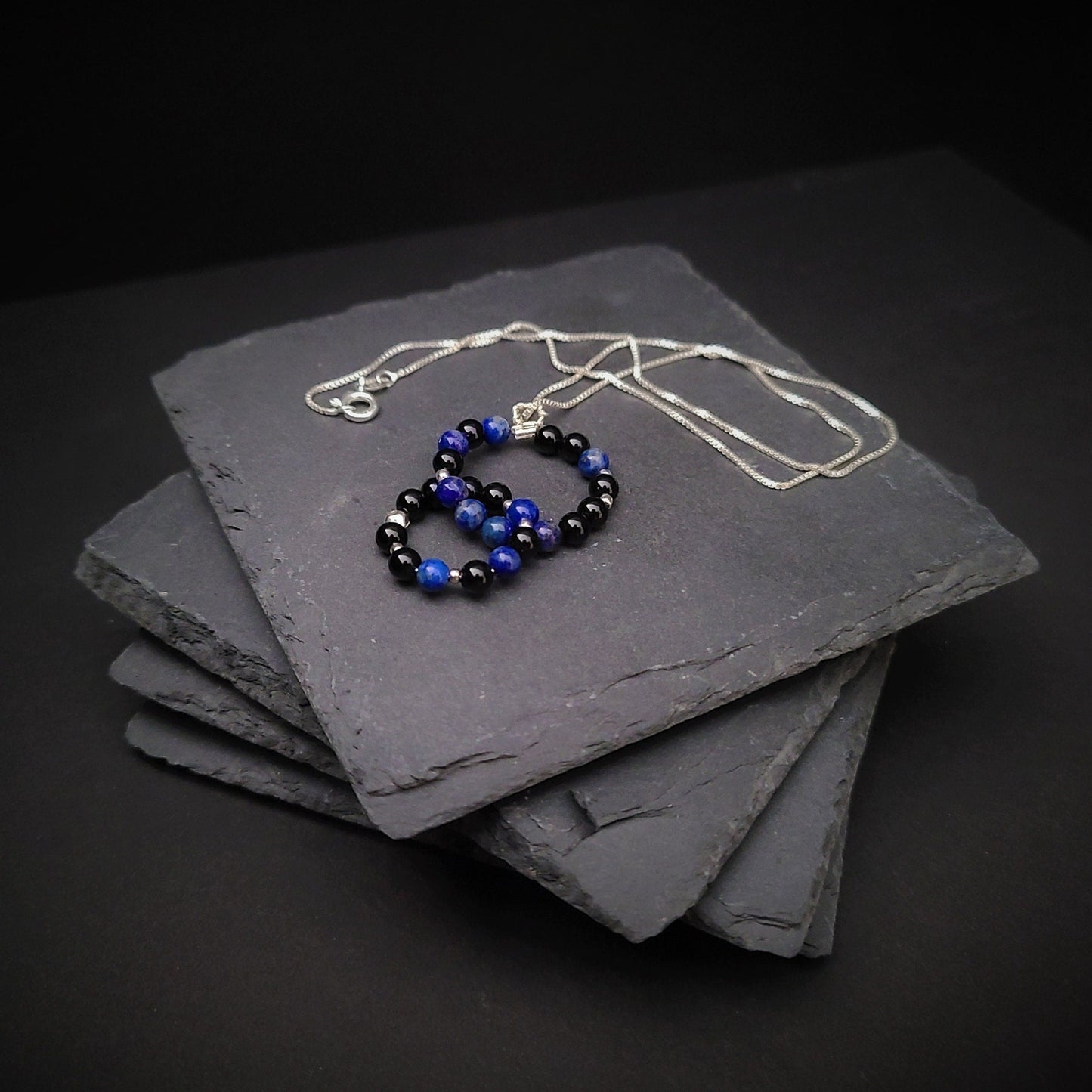 Lapis Lazuli & Black Tourmaline Sterling Silver Link Necklace