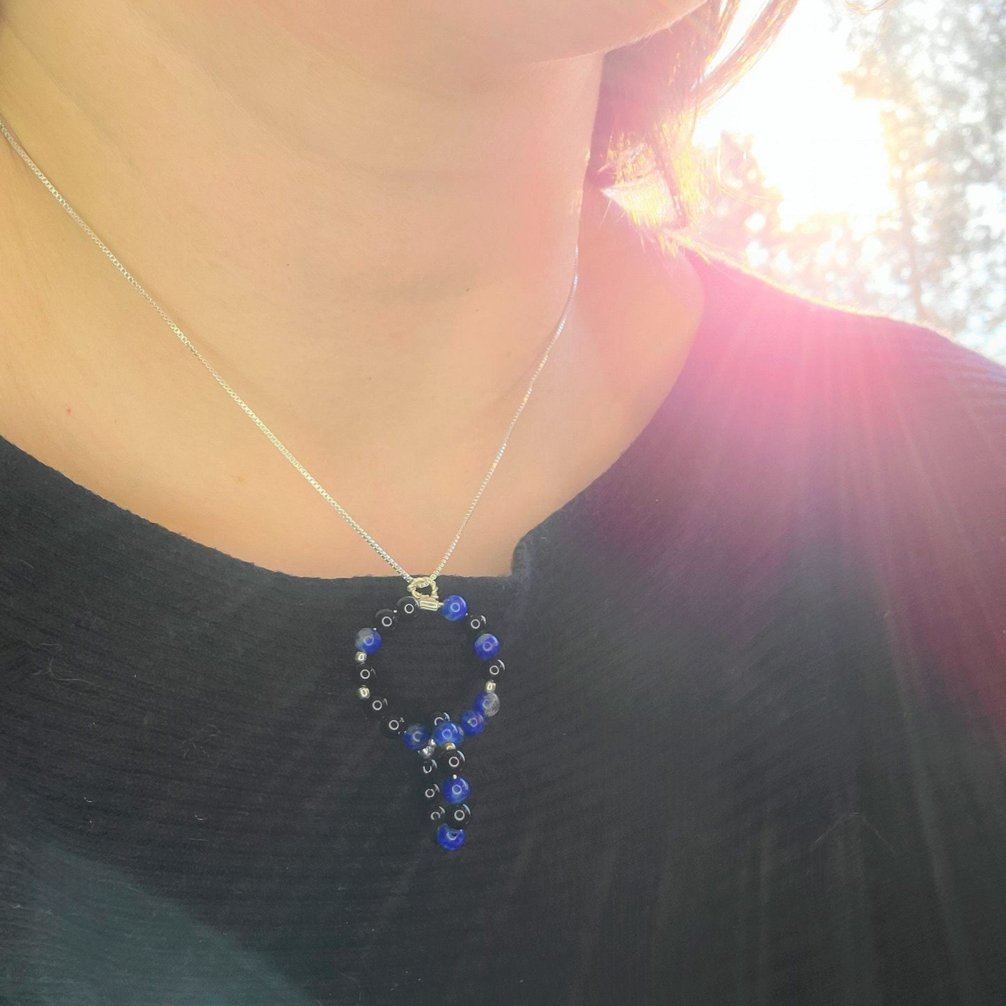 Lapis Lazuli & Black Tourmaline Sterling Silver Link Necklace