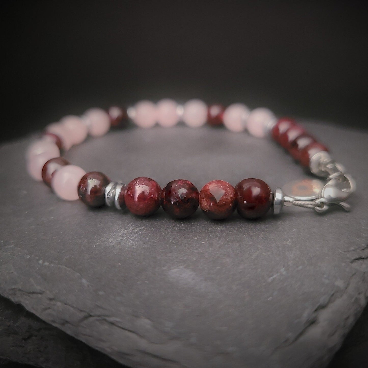 Garnet & Rose Quartz Steel Bracelet