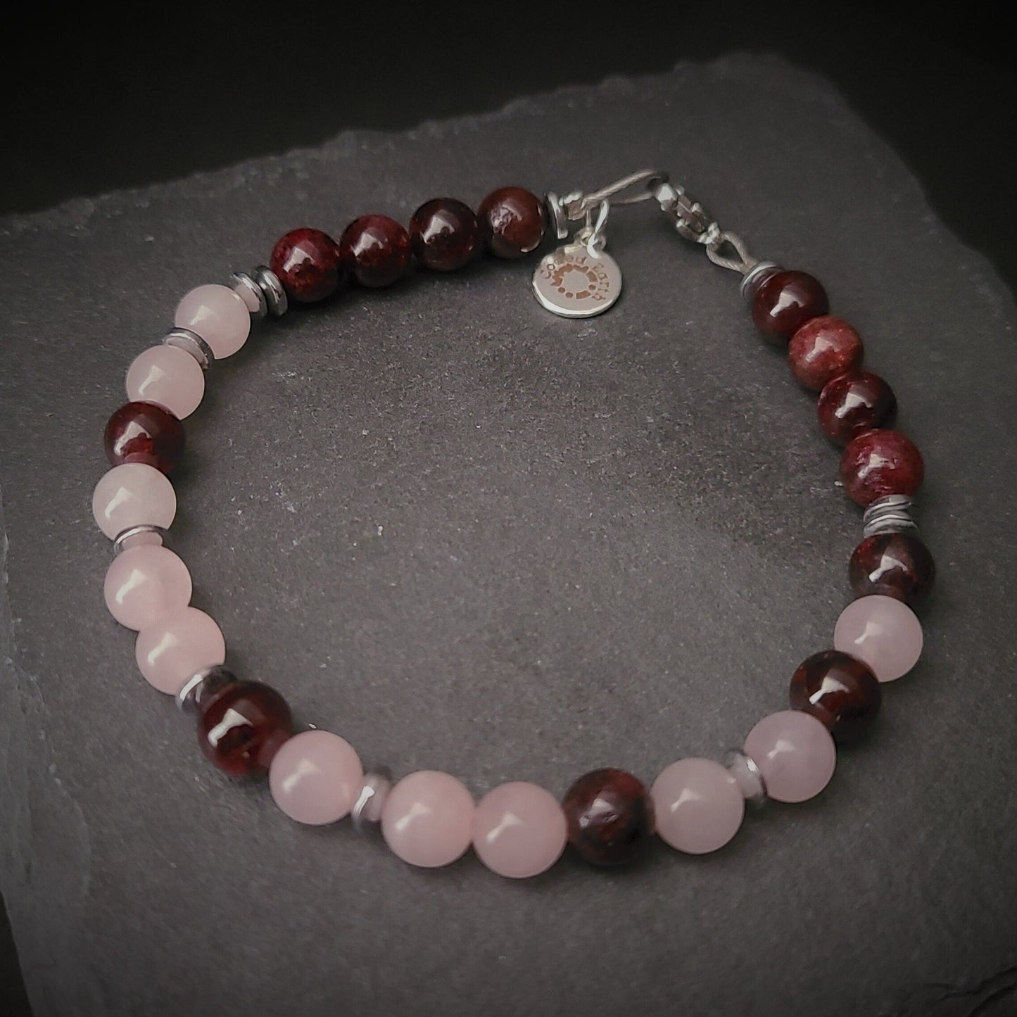 Garnet & Rose Quartz Steel Bracelet