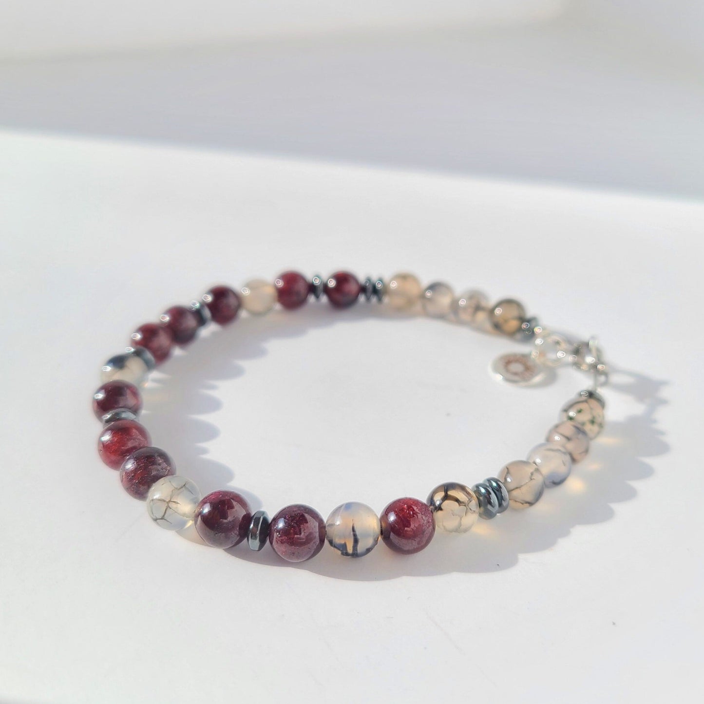 Garnet & Dragon Vein Agate Steel Bracelet