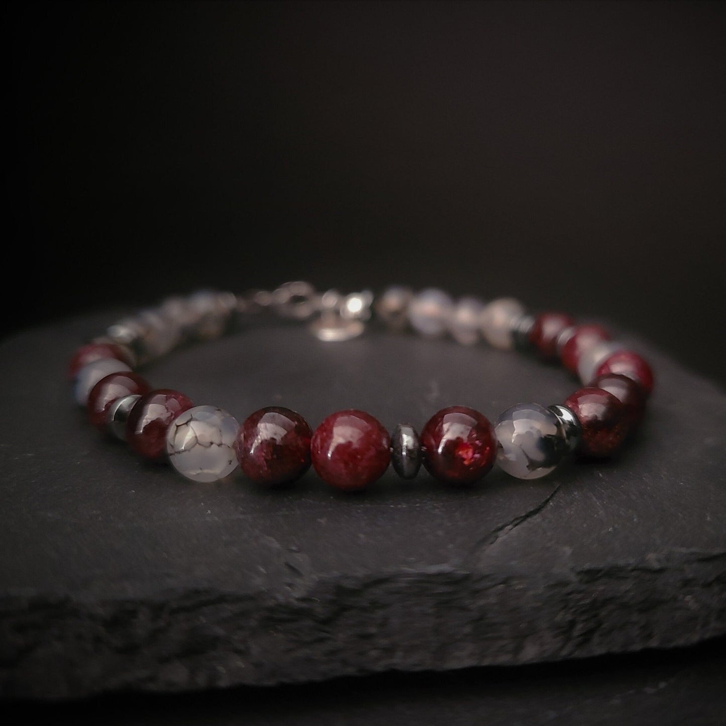 Garnet & Dragon Vein Agate Steel Bracelet