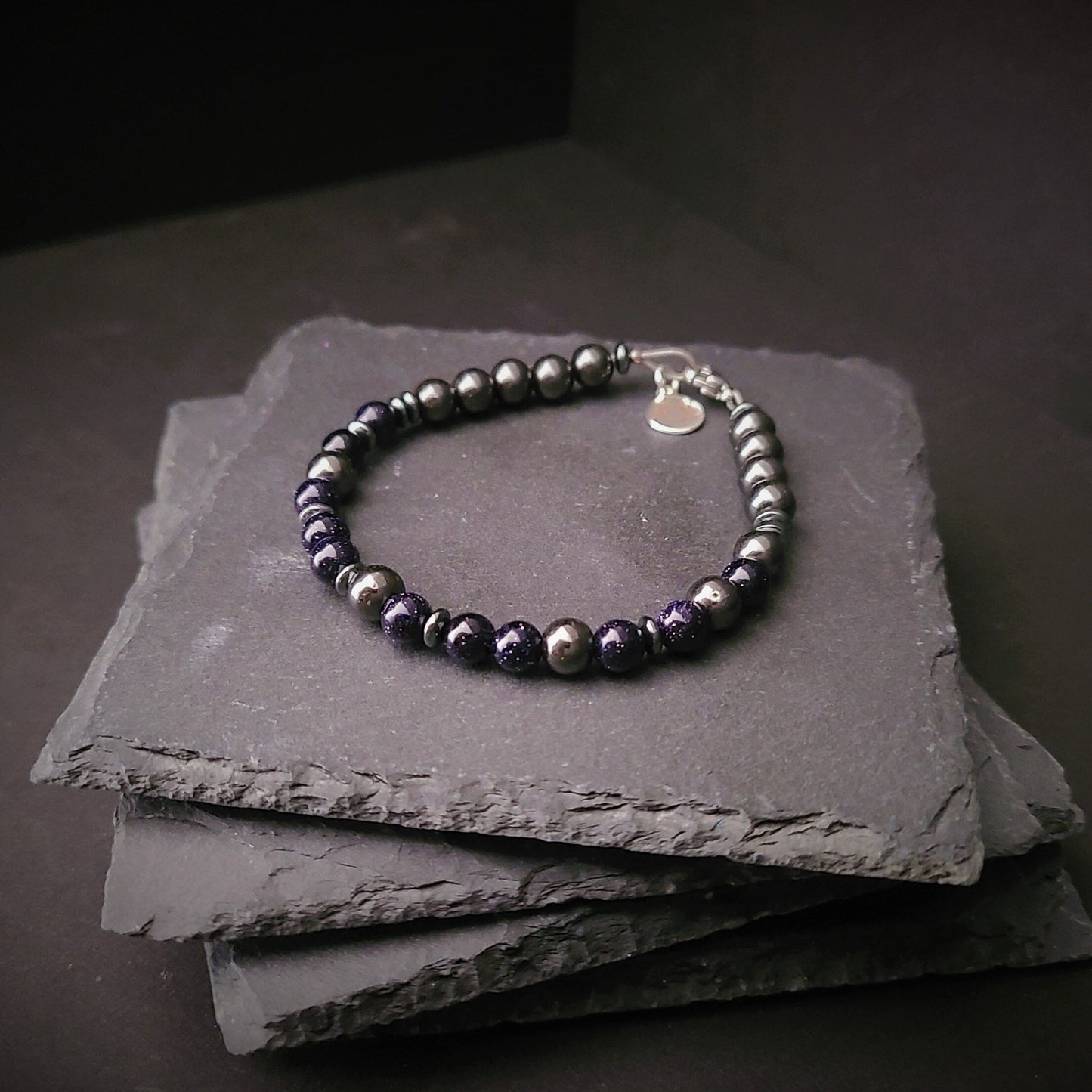 Blue Sandstone & Magnetic Hematite Steel Bracelet (6mm)