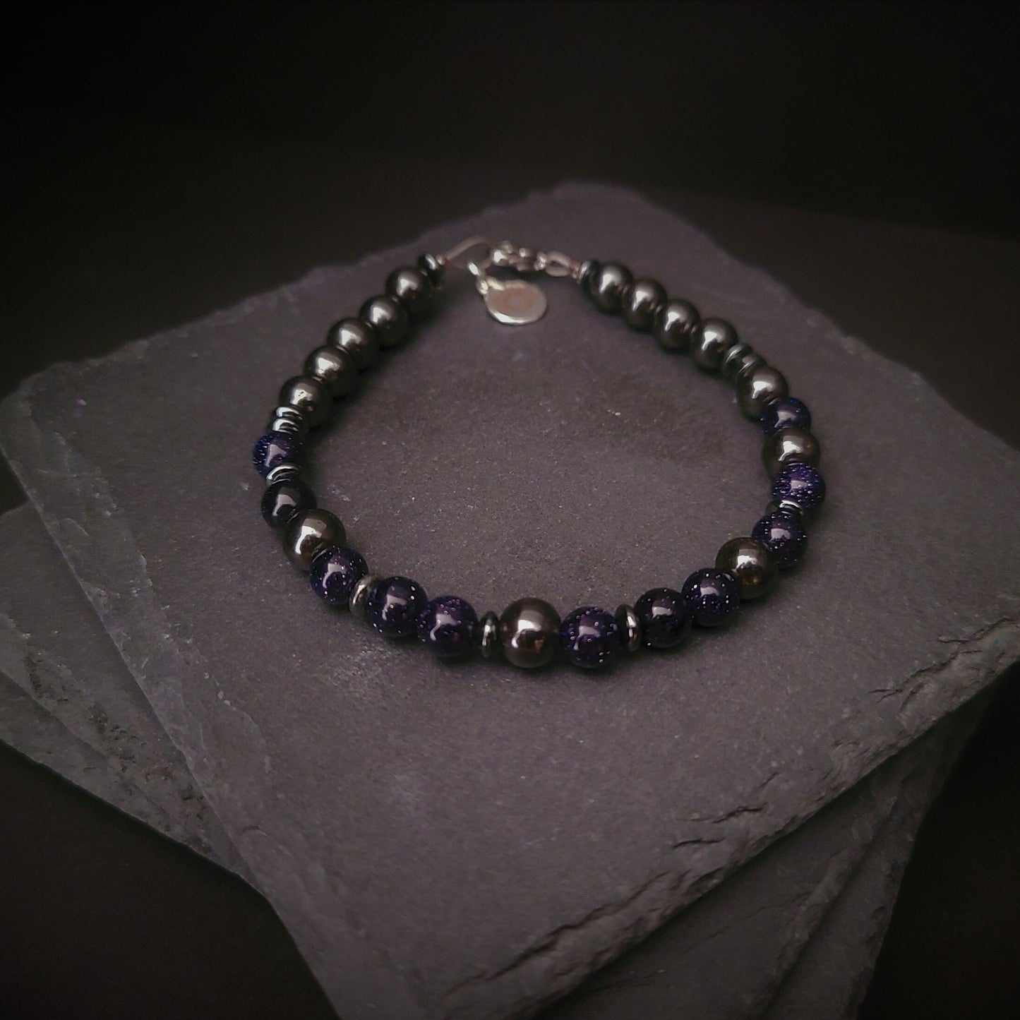 Blue Sandstone & Magnetic Hematite Steel Bracelet (6mm)