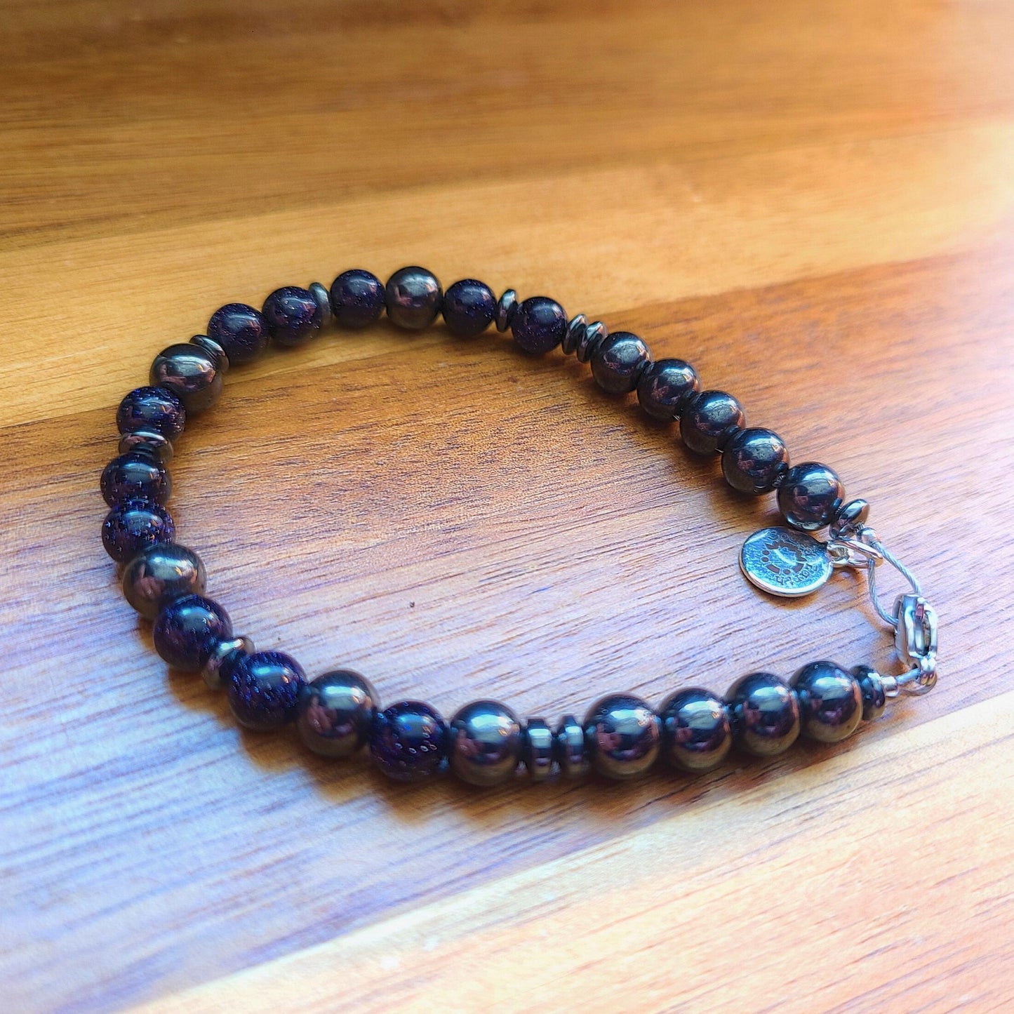 Blue Sandstone & Magnetic Hematite Steel Bracelet (6mm)