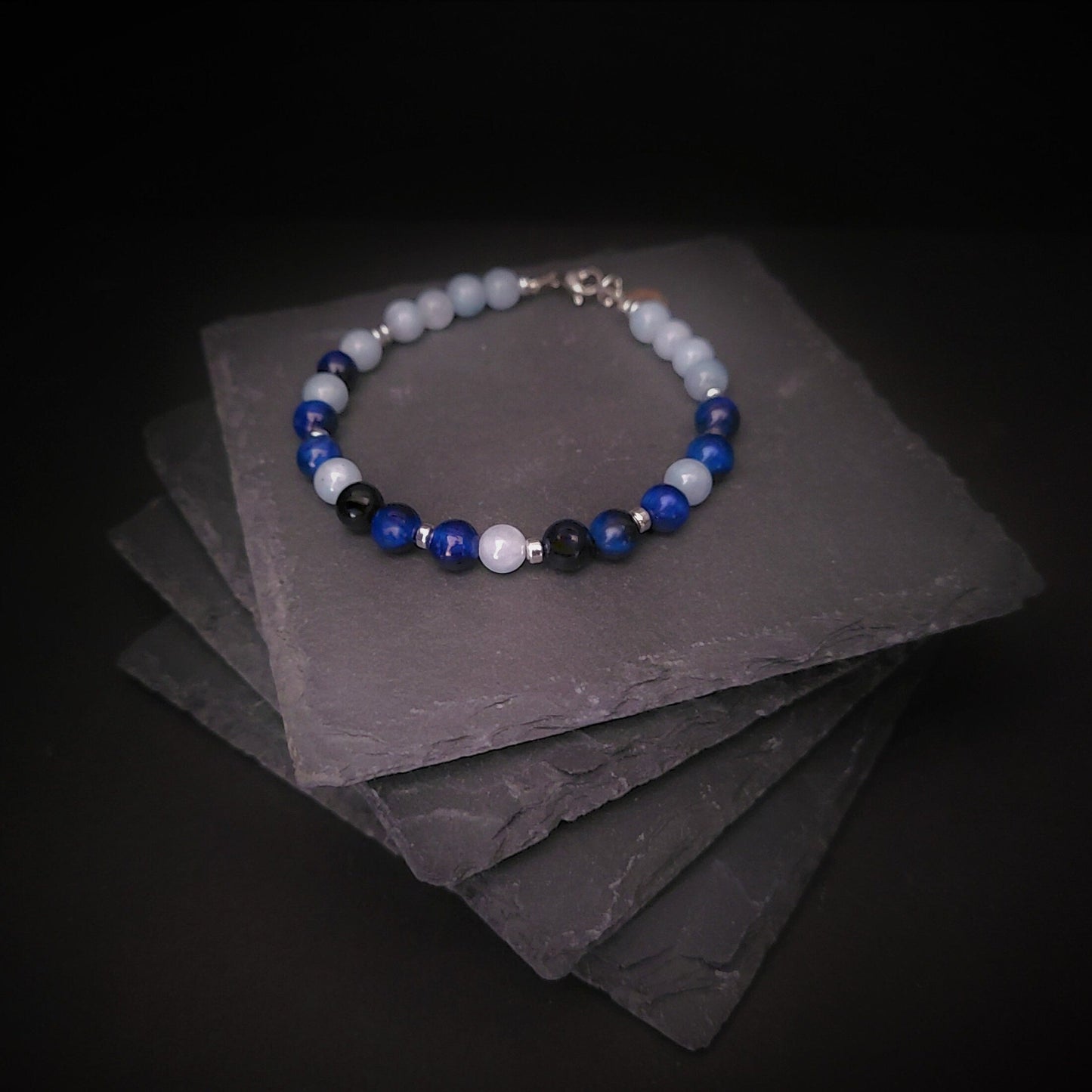 Blue Tiger Eye & Aquamarine Steel Bracelet