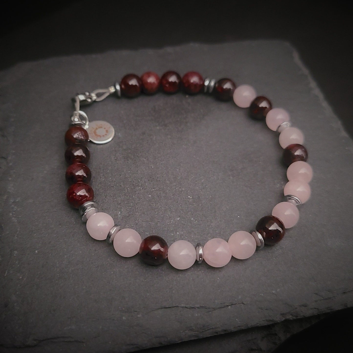 Garnet & Rose Quartz Steel Bracelet