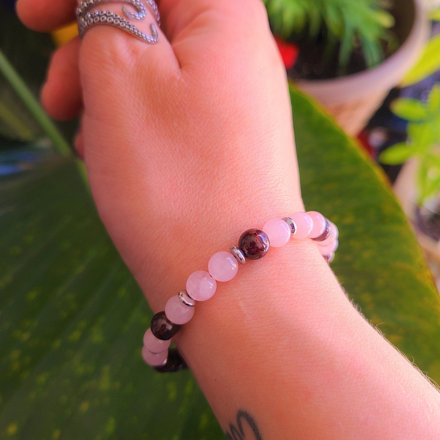 Garnet & Rose Quartz Steel Bracelet