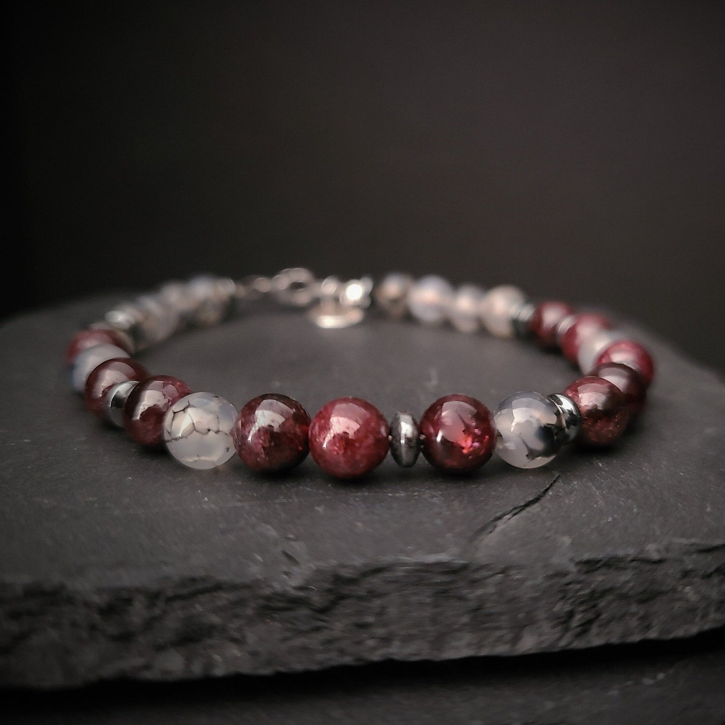 Garnet & Dragon Vein Agate Steel Bracelet