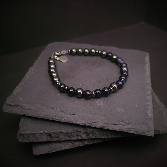 Blue Sandstone & Magnetic Hematite Steel Bracelet (6mm)