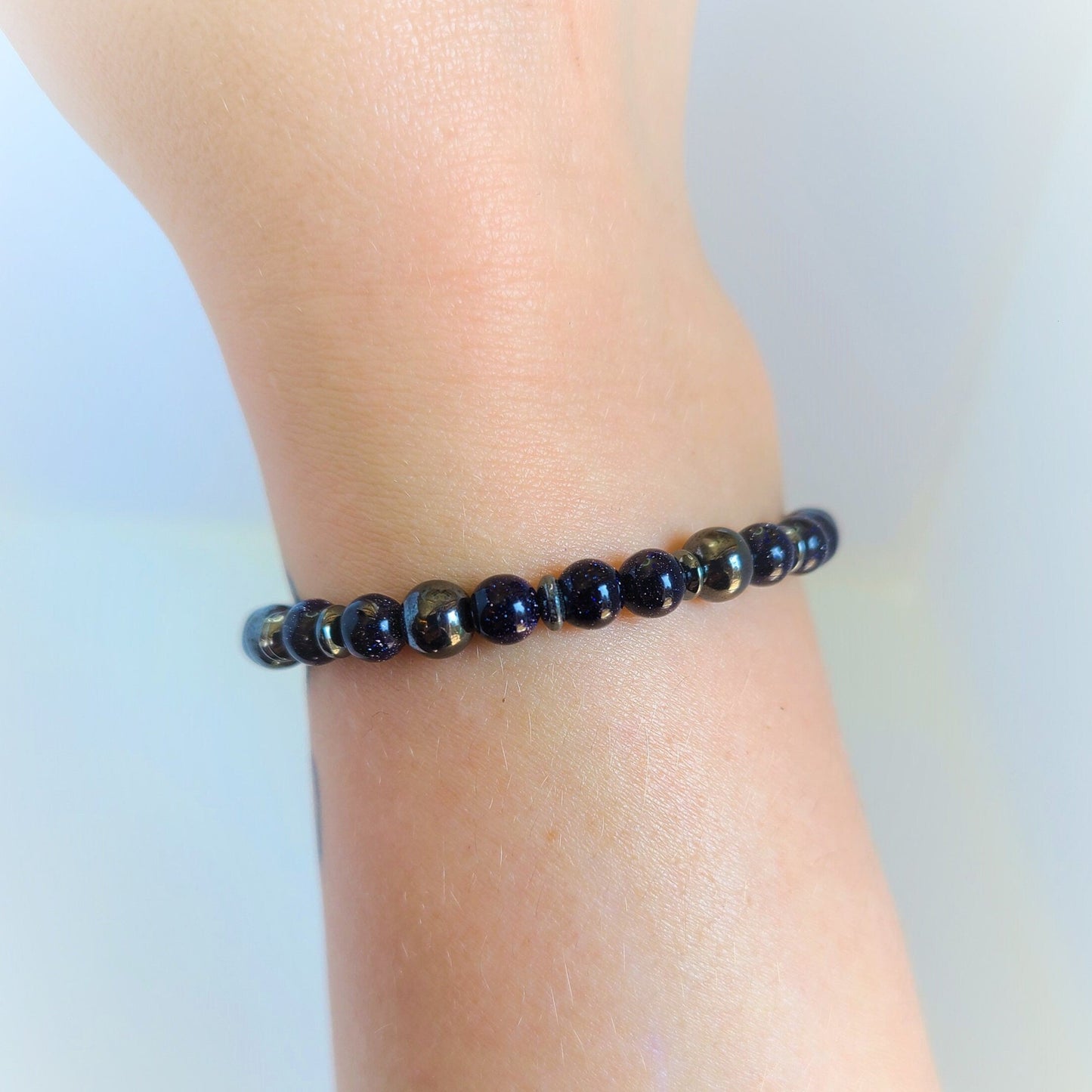 Blue Sandstone & Magnetic Hematite Steel Bracelet (6mm)