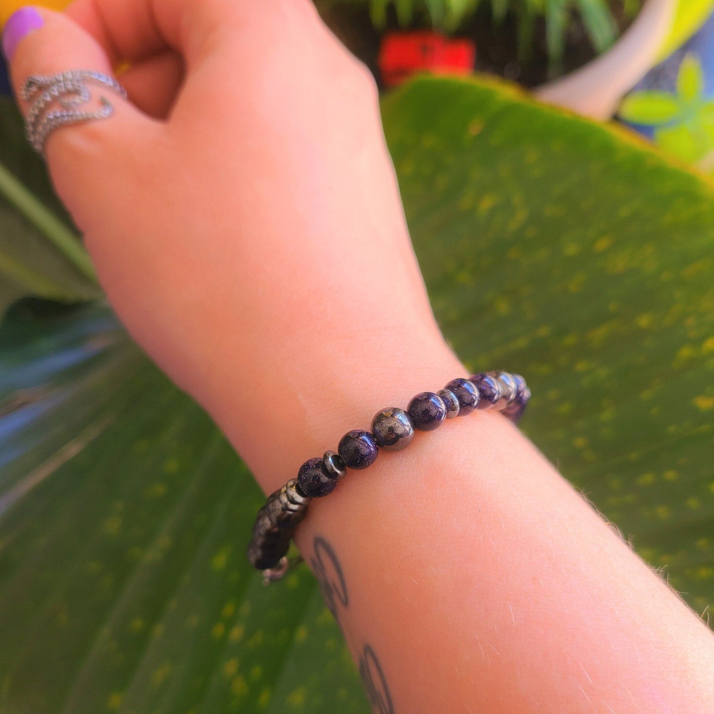 Blue Sandstone & Magnetic Hematite Steel Bracelet (6mm)