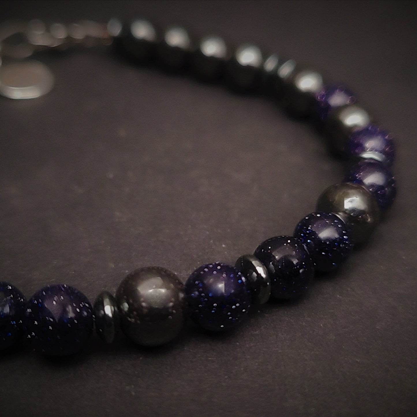 Blue Sandstone & Magnetic Hematite Steel Bracelet (6mm)