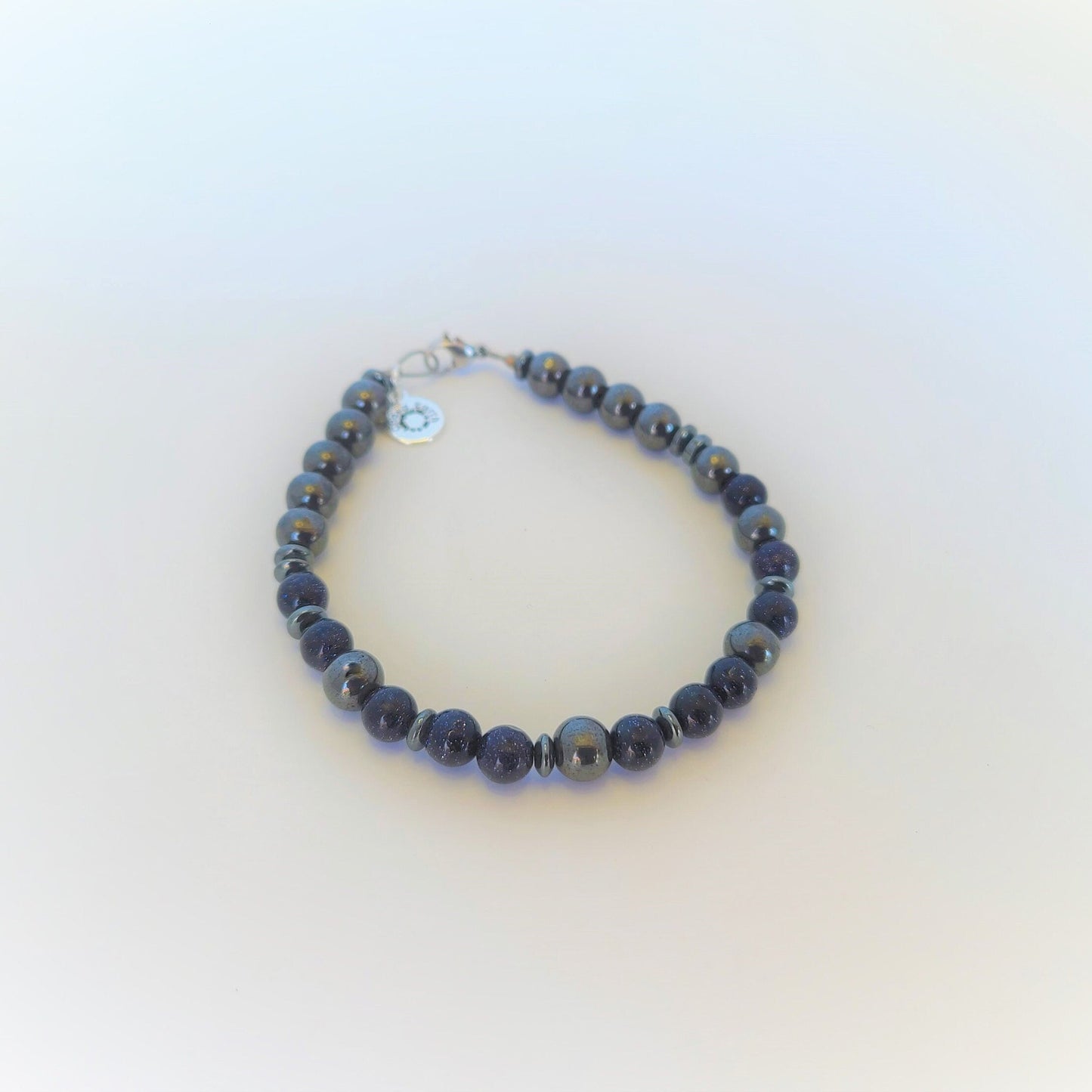 Blue Sandstone & Magnetic Hematite Steel Bracelet (6mm)