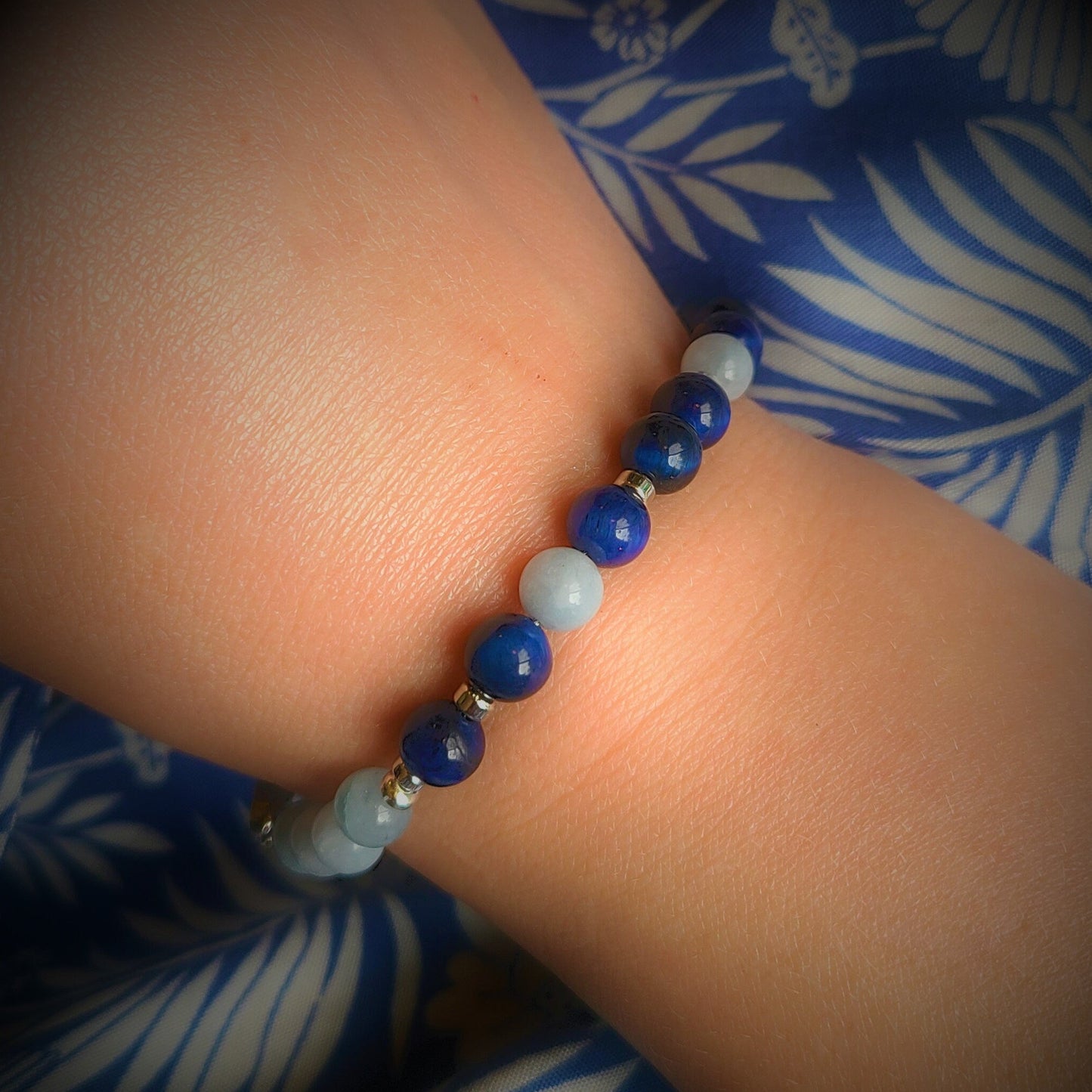 Blue Tiger Eye & Aquamarine Steel Bracelet