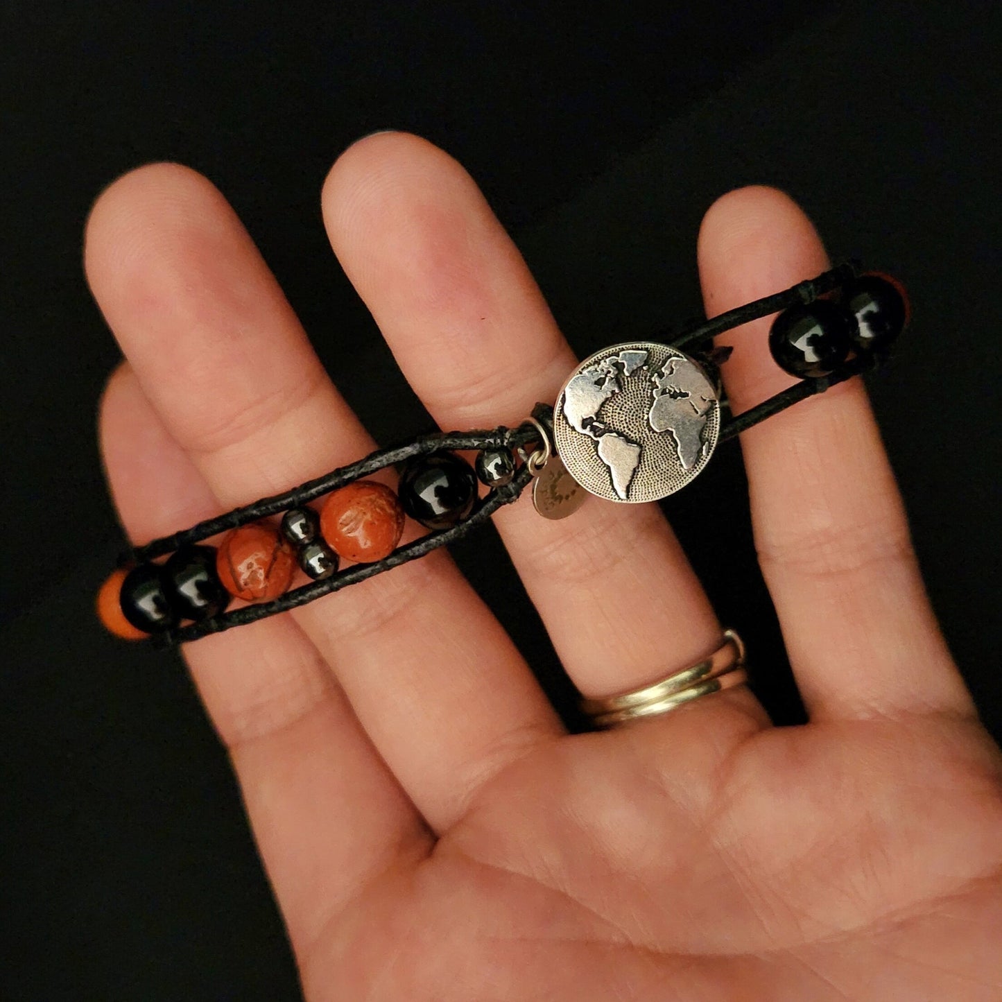 Black Tourmaline & Red Jasper Leather Bracelet