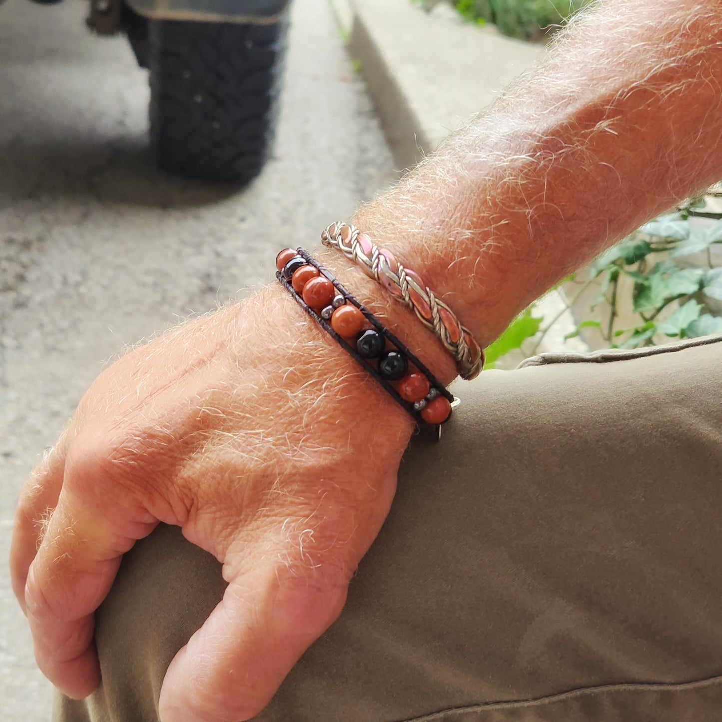 Black Tourmaline & Red Jasper Leather Bracelet