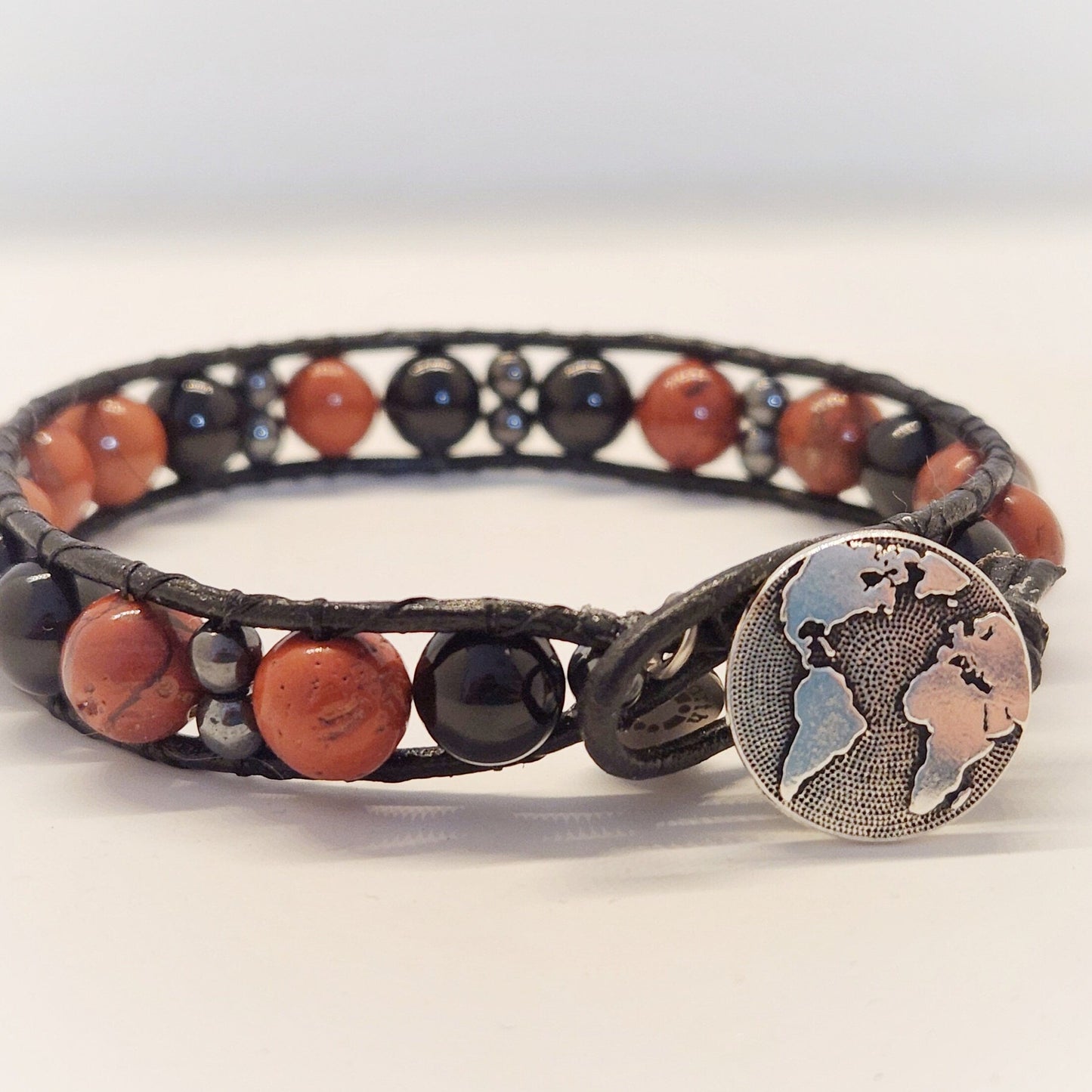 Black Tourmaline & Red Jasper Leather Bracelet