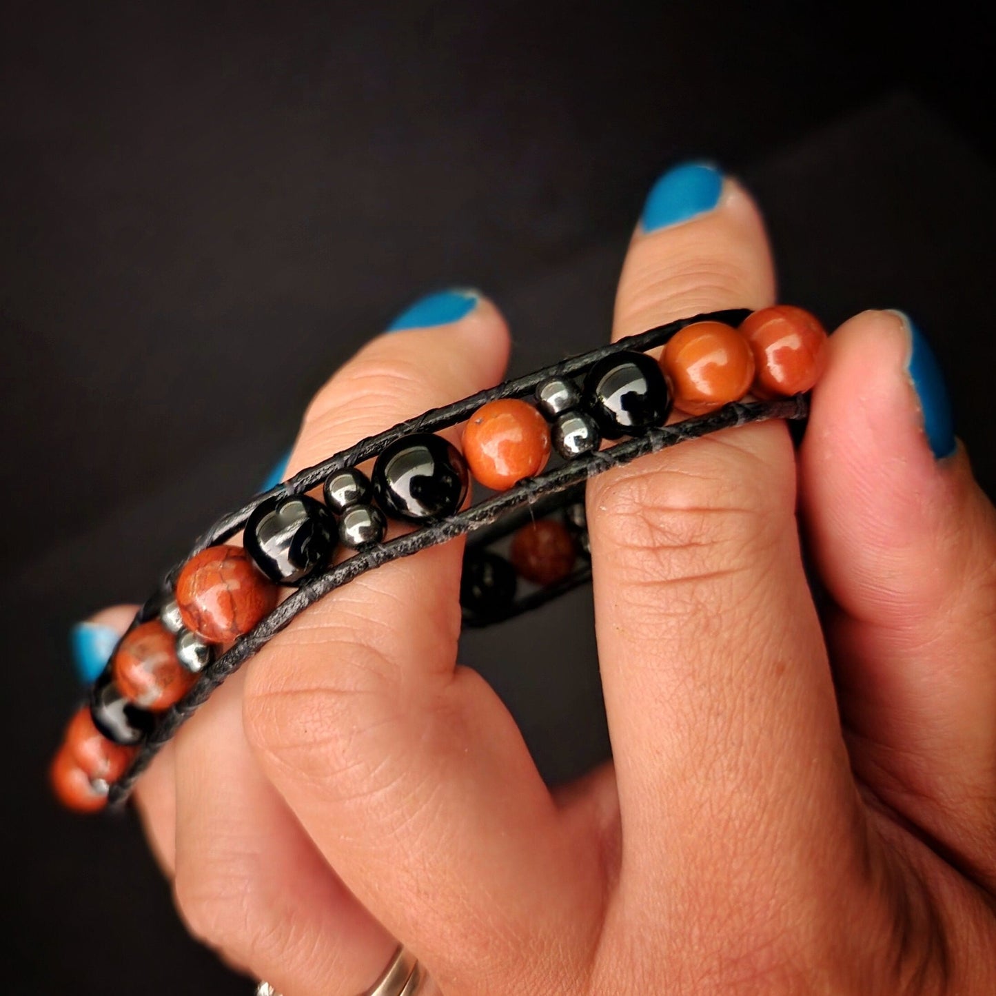 Black Tourmaline & Red Jasper Leather Bracelet