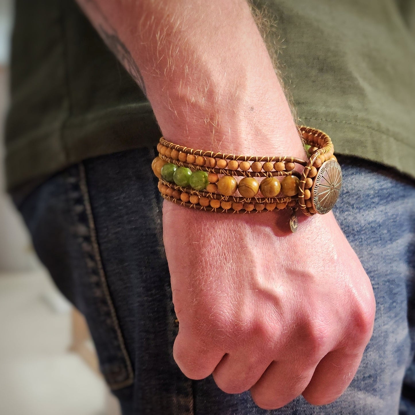 Canadian Jade & Jasper Sandalwood Cuff Bracelet