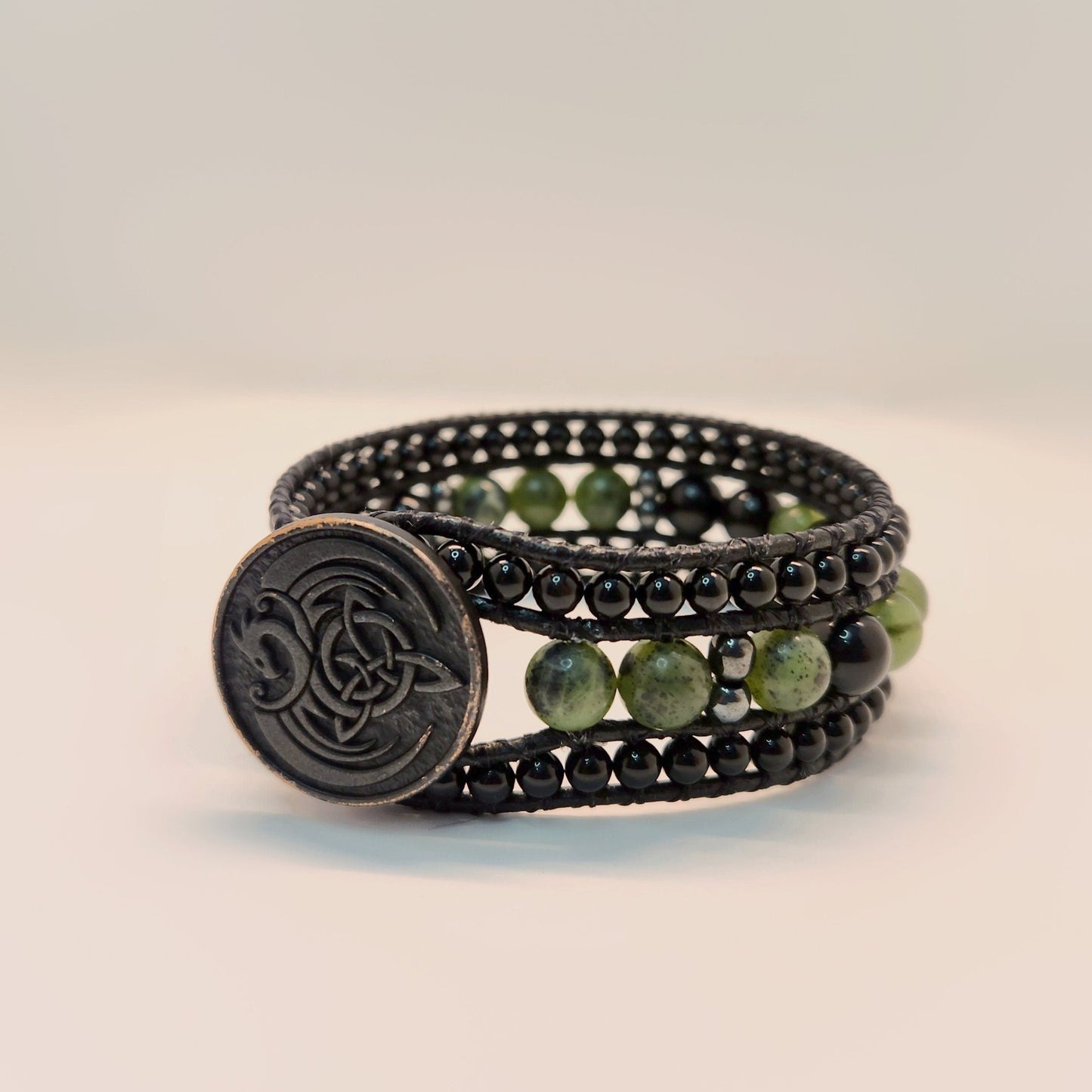 Canadian Jade & Tourmaline Black Leather Cuff Bracelet