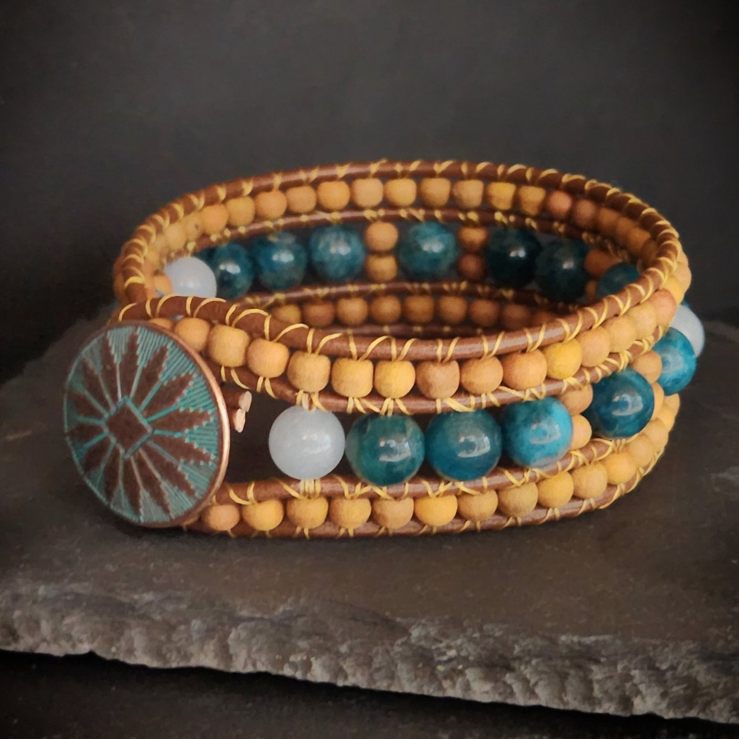 Blue Apatite & Aquamarine Sandalwood Cuff Bracelet