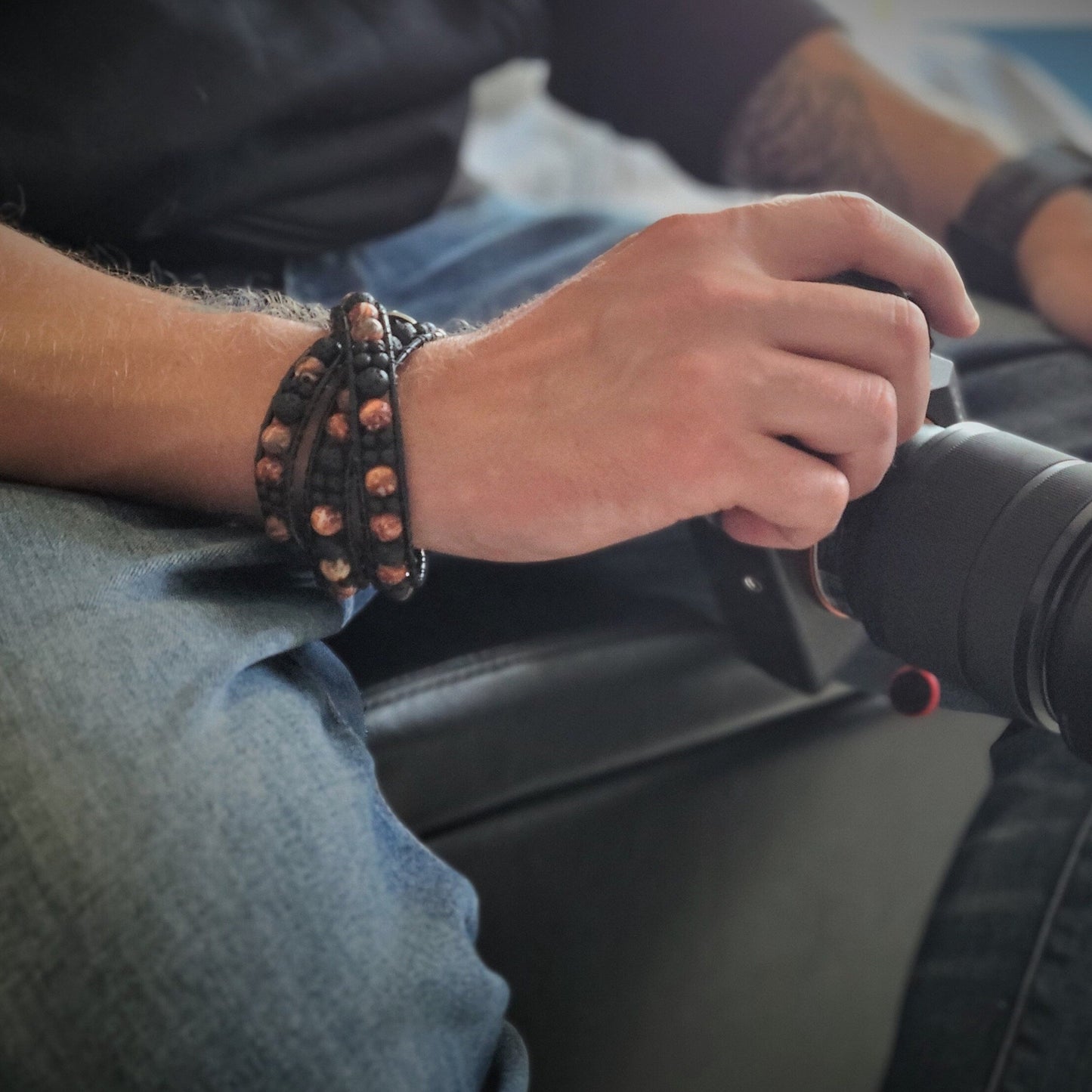 Leopard Jasper & Lava Black Leather Wrap Bracelet