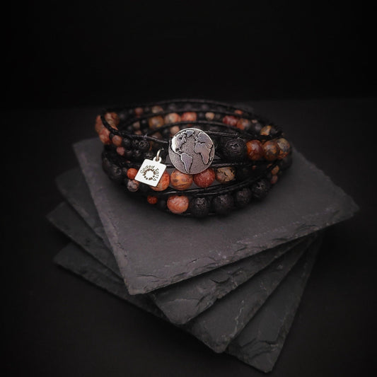 Leopard Jasper & Lava Black Leather Wrap Bracelet