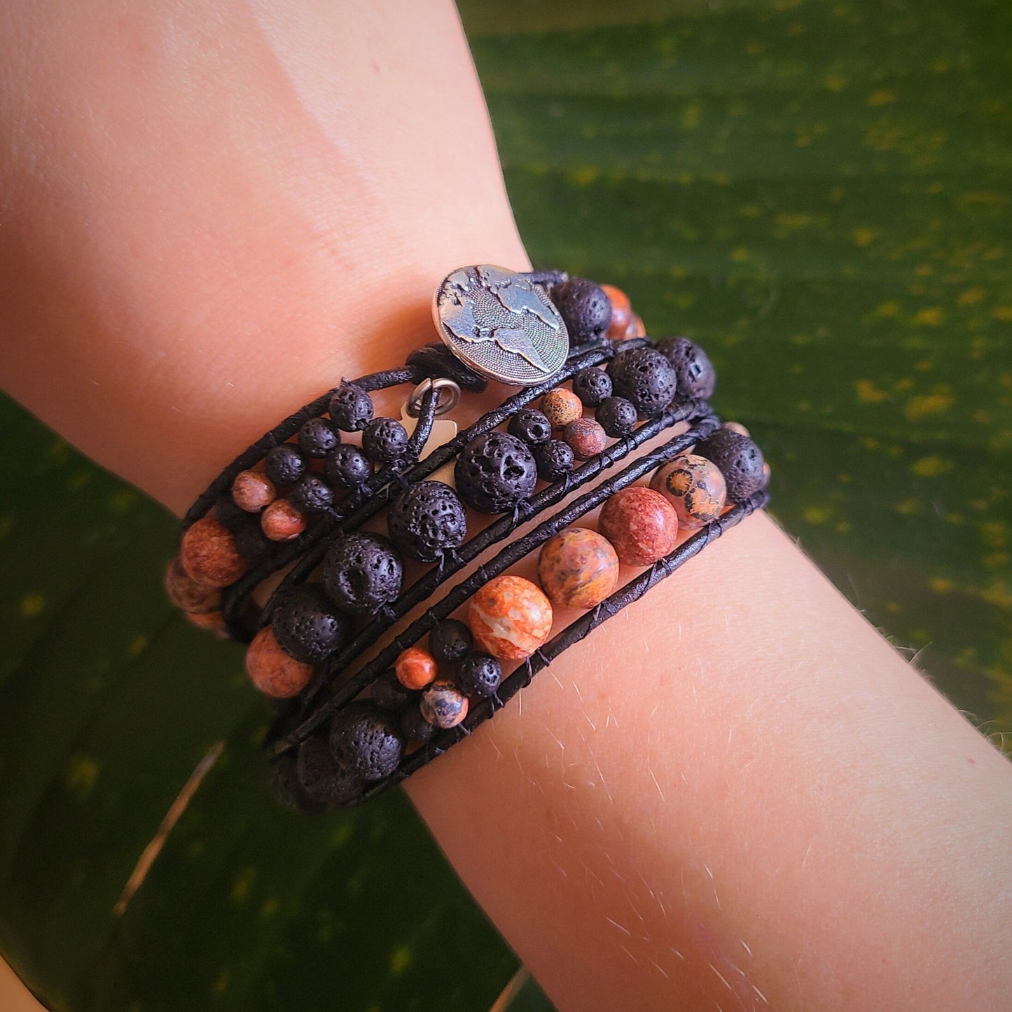 Leopard Jasper & Lava Black Leather Wrap Bracelet