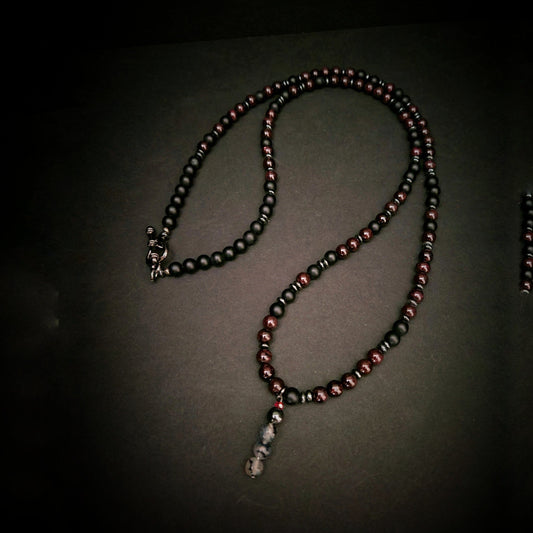 Garnet & Onyx 108 Bead Mala Necklace with Dragon Vein Pendant