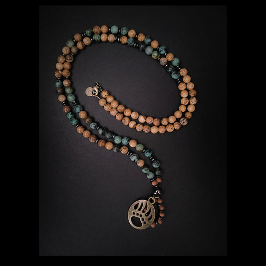 African Turquoise & Jasper 108 Bead Mala Necklace with Bear Paw Pendant