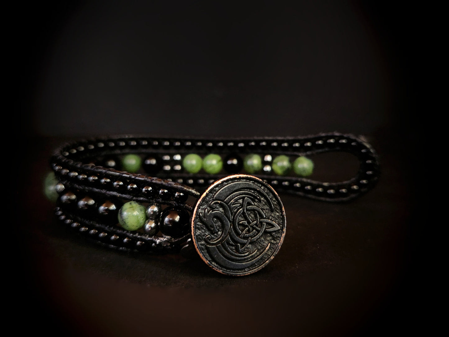 Canadian Jade & Tourmaline Black Leather Cuff Bracelet