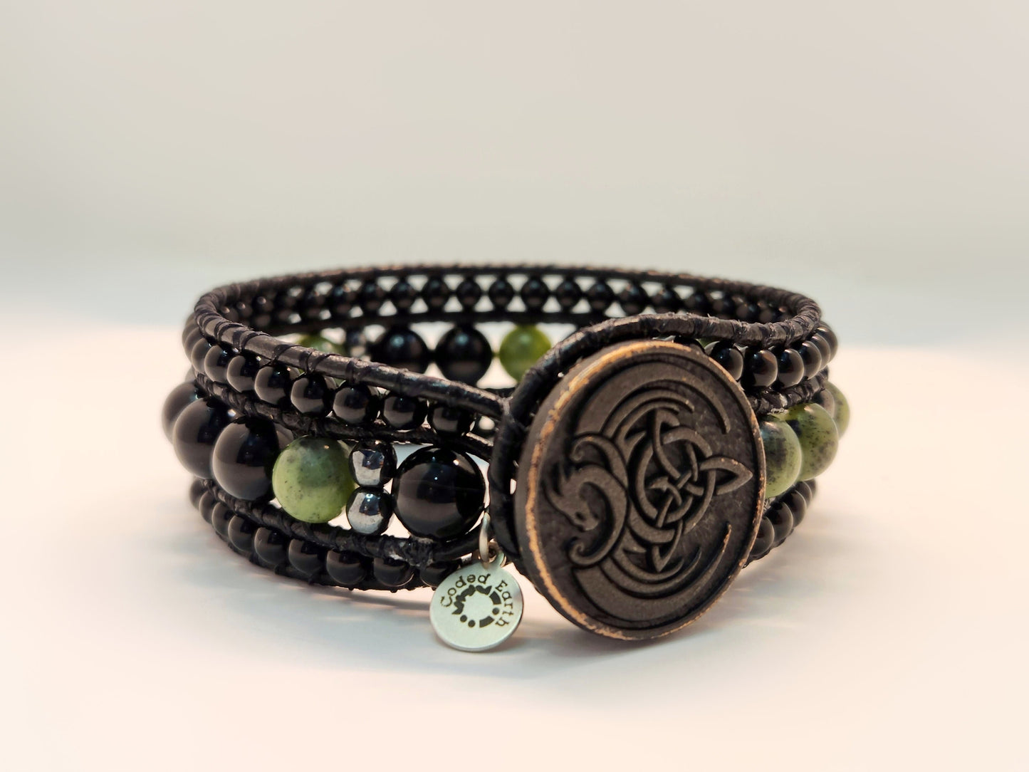 Canadian Jade & Tourmaline Black Leather Cuff Bracelet