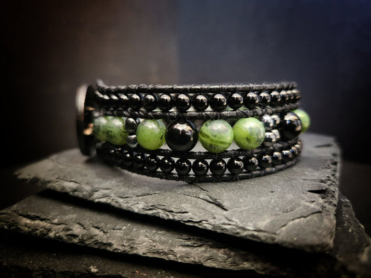 Canadian Jade & Tourmaline Black Leather Cuff Bracelet