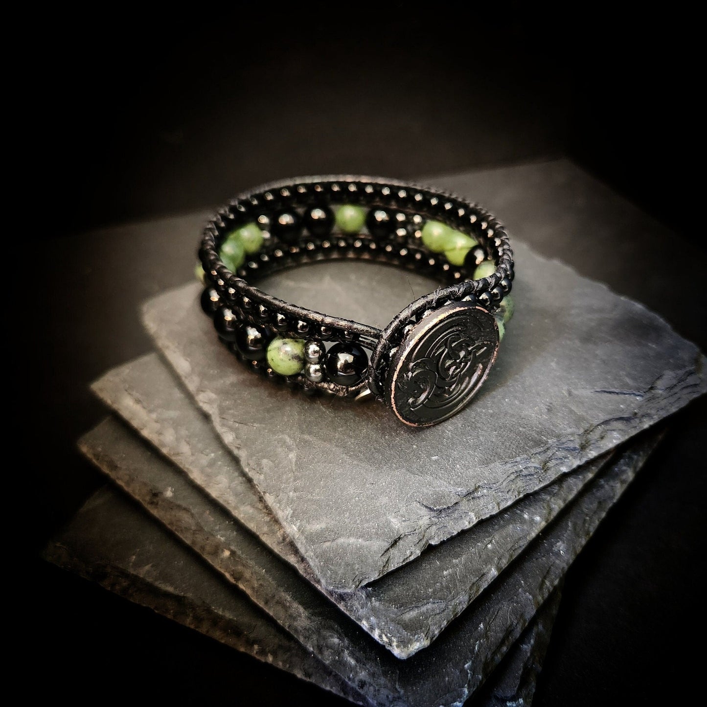 Canadian Jade & Tourmaline Black Leather Cuff Bracelet