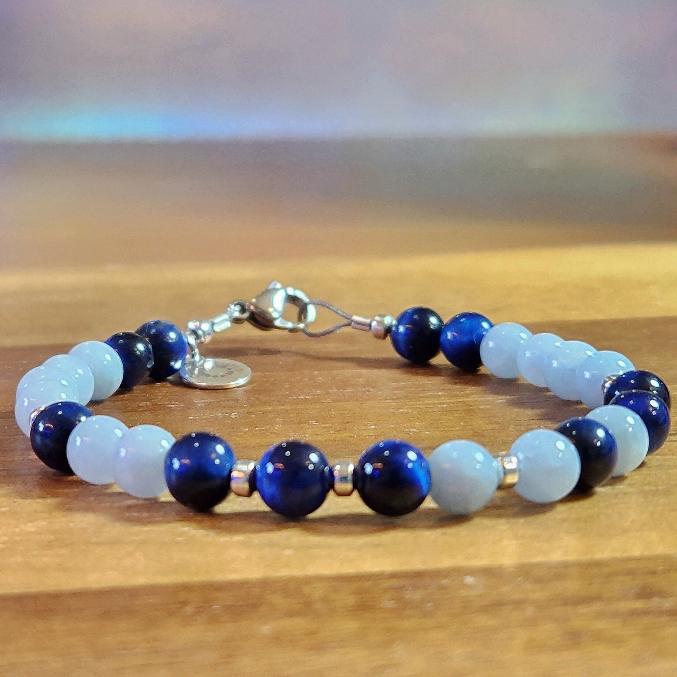 Tiger Eye, Blue Lapis, and Silver Tropez Natural Gemstone Bead Wrap Voyager deals Bracelet