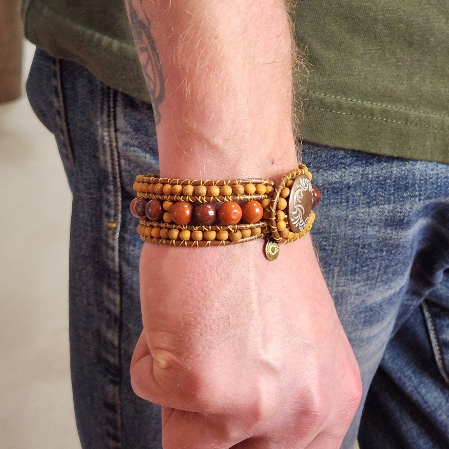 Red & Brecciated Jasper Sandalwood Cuff Bracelet