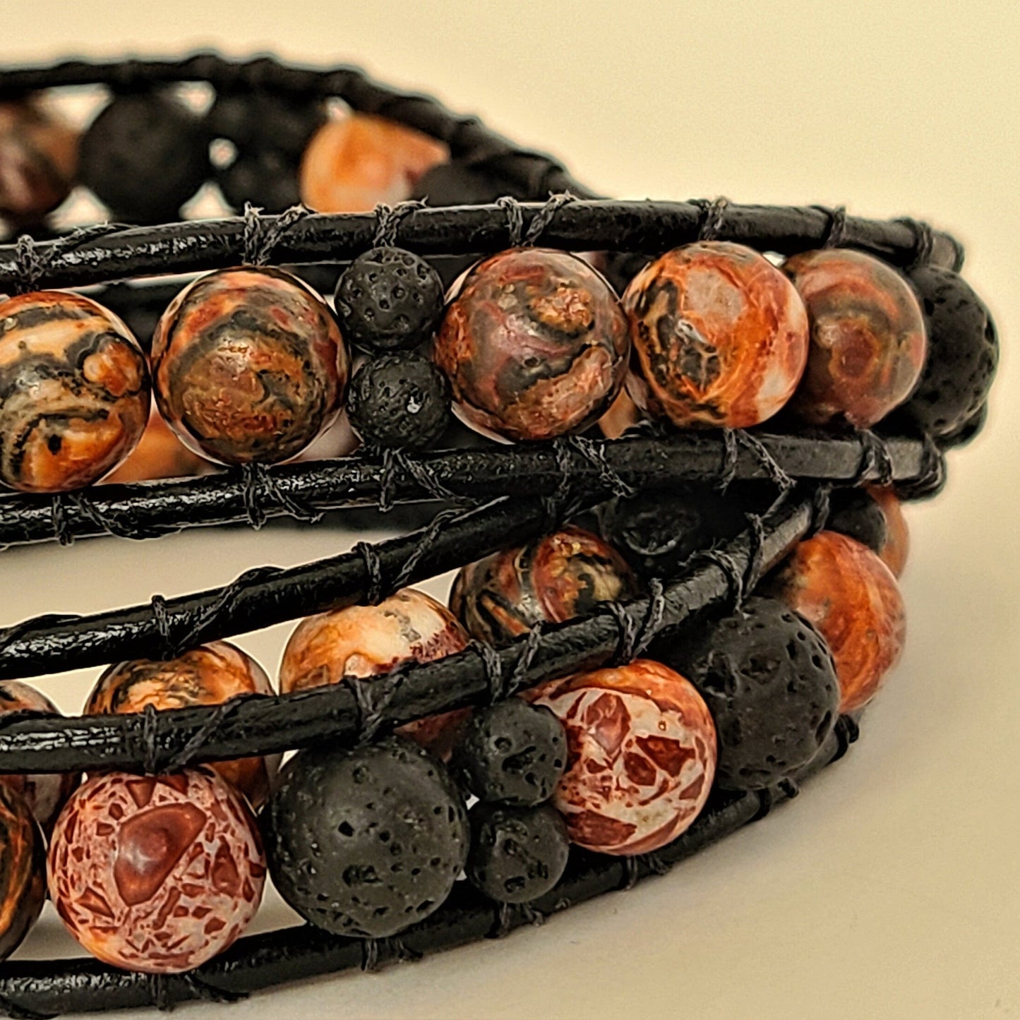 Leopard Jasper & Lava Black Leather Wrap Bracelet