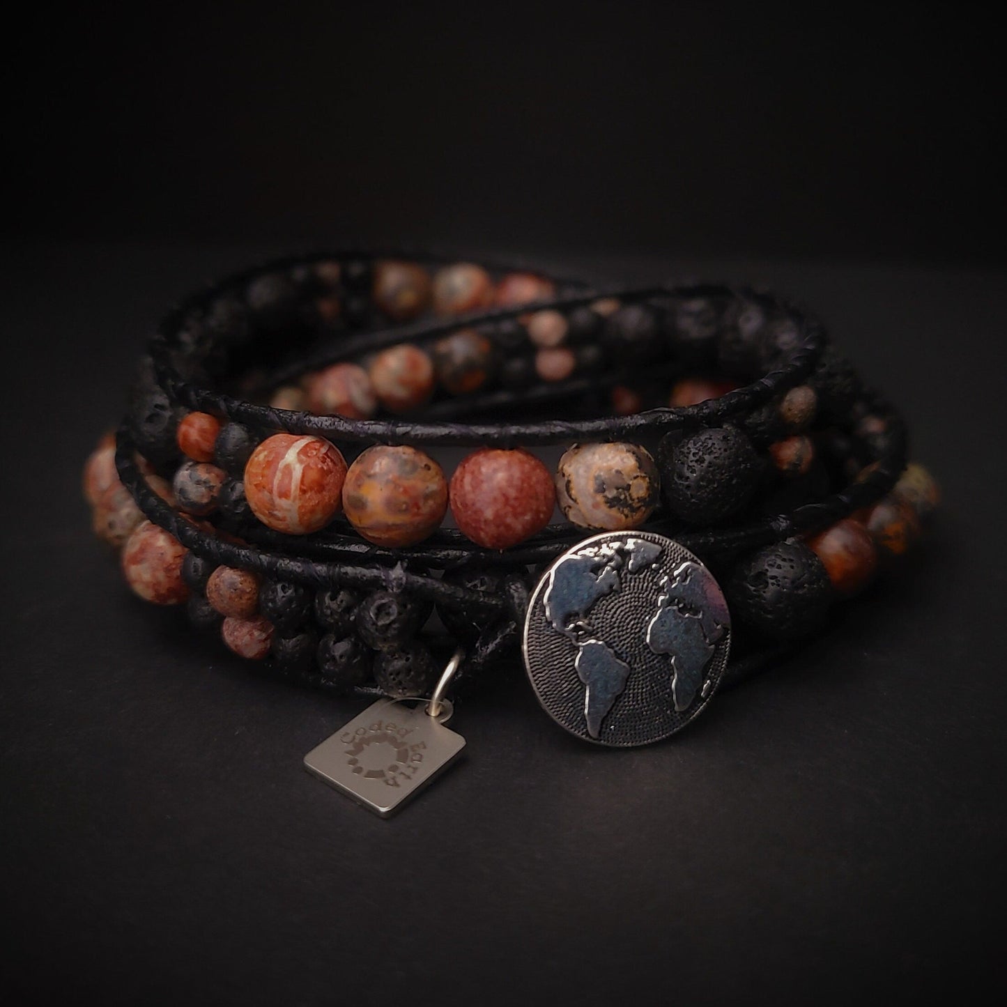 Leopard Jasper & Lava Black Leather Wrap Bracelet