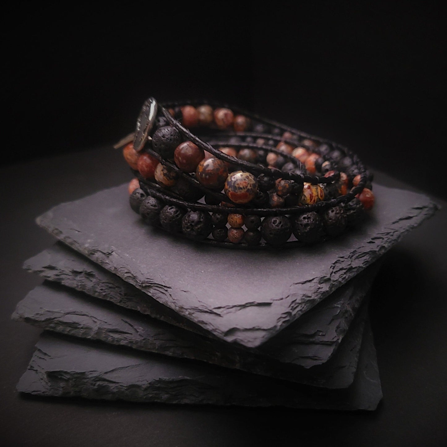 Leopard Jasper & Lava Black Leather Wrap Bracelet