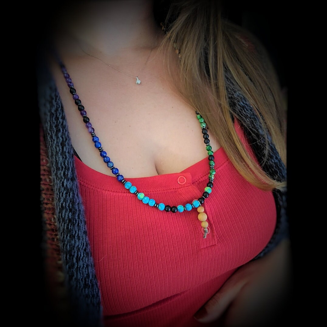 7 Chakras 108 Bead Mala Necklace with Cedar Pendant